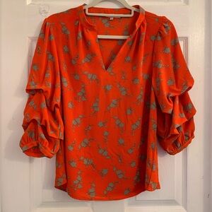 Willow Drive Vibrant Orange Floral Blouse with Puff Sleeves. Size small $10